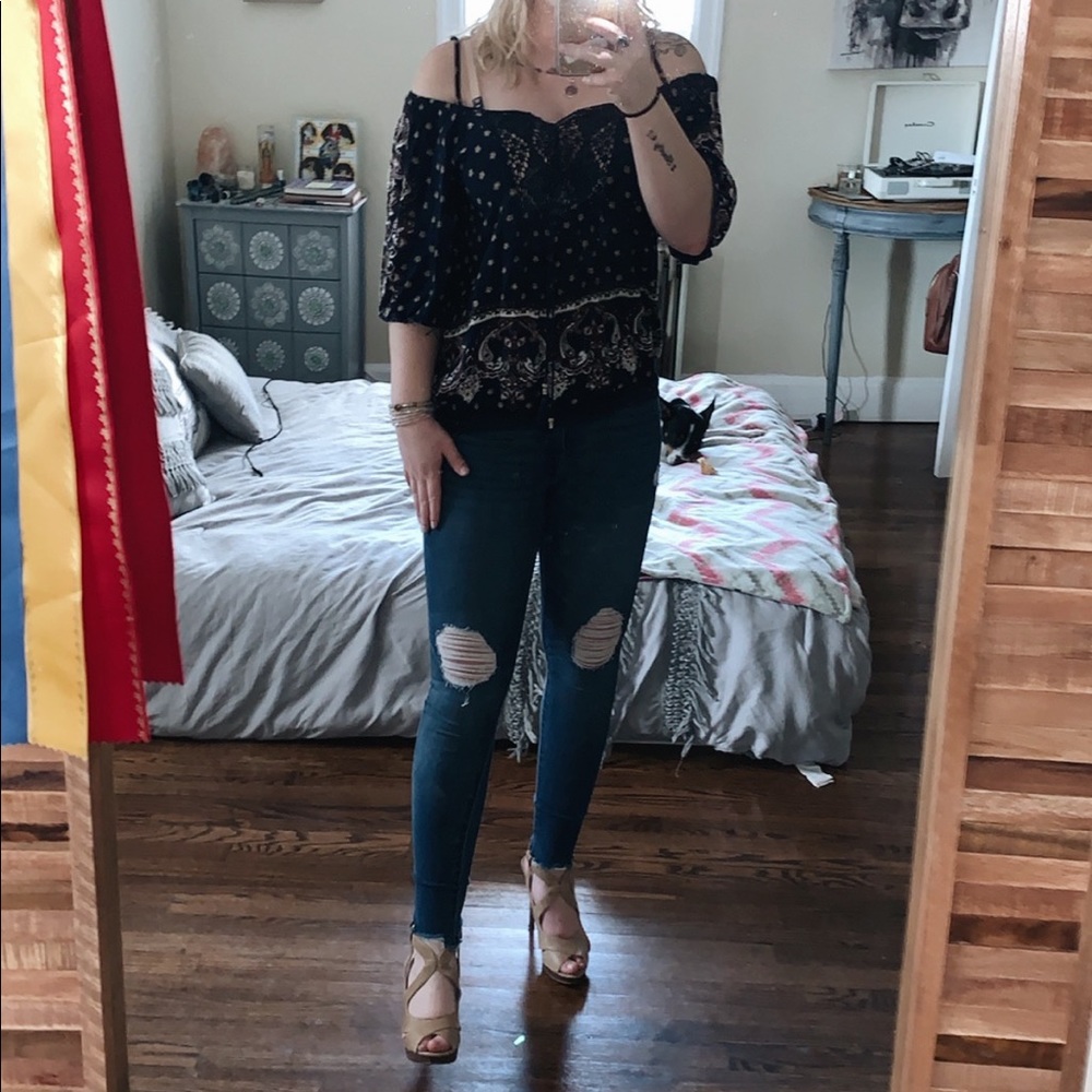 Navy Off The Shoulder Shirt